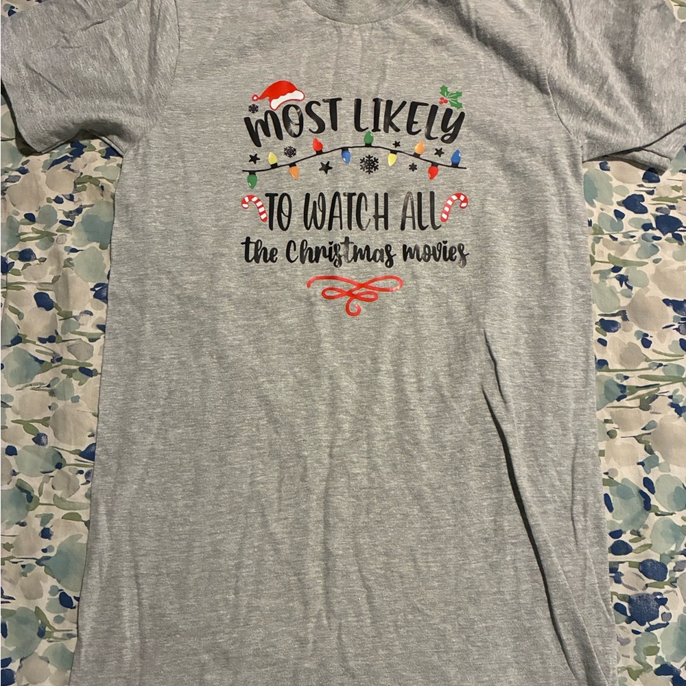 Alstyle Gray Short Sleeve Tee with Christmas Print